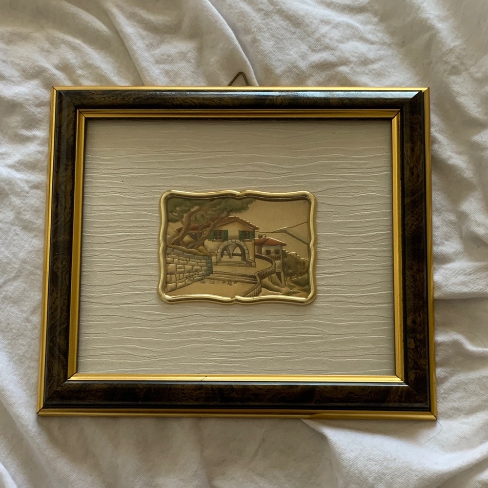 Vintage Italian Gold-Tone Framed Wall Art with Beige Matting